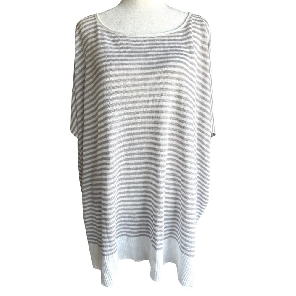 Eileen Fisher Top 1X White Beateau Neck Box-Top Knit Tunic Linen Stripe NWT